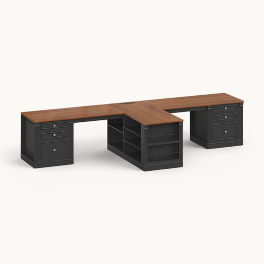 106.3 Inch Two Person Desk T Shaped Workstation Black and Brown