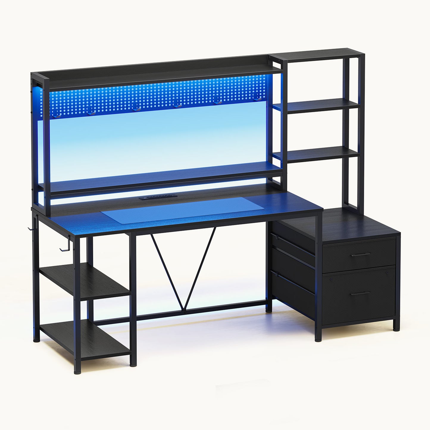 Reversible Computer Desk with Power Outlets & LED Light Black