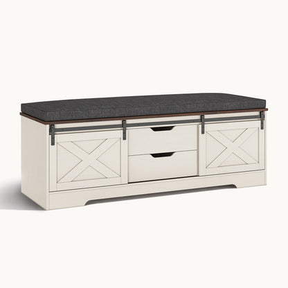 60“ Farmhouse Storage Bench with Cushion White Brown