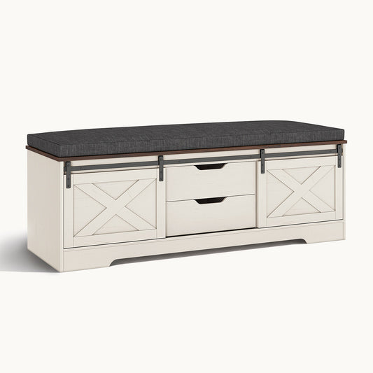 60“ Farmhouse Storage Bench with Cushion White Brown