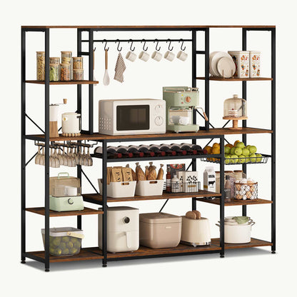 Large Bakers Rack with Power Outlet & Storage Shelves Rustic Brown