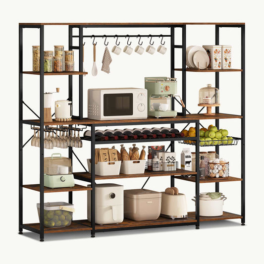 Large Bakers Rack with Power Outlet & Storage Shelves Rustic Brown