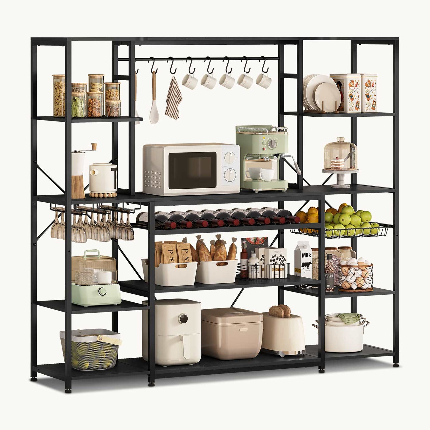 Large Bakers Rack with Power Outlet & Storage Shelves Black