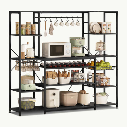 Large Bakers Rack with Power Outlet & Storage Shelves Black