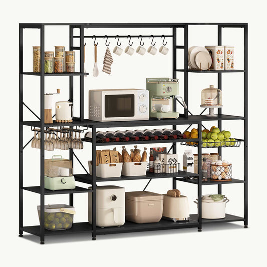 Large Bakers Rack with Power Outlet & Storage Shelves Black