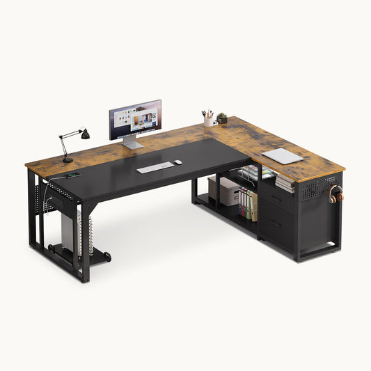 Power Outlets Reversible L Shaped Desk with Storage Shelves Brown