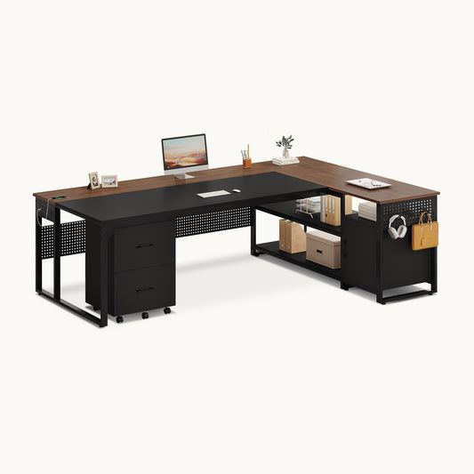 71" Reversible L Shaped Desk with Power Outlets Walnut