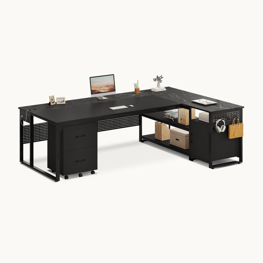 71" Reversible L Shaped Executive Desk with Power Outlets & Storage Shelves Black