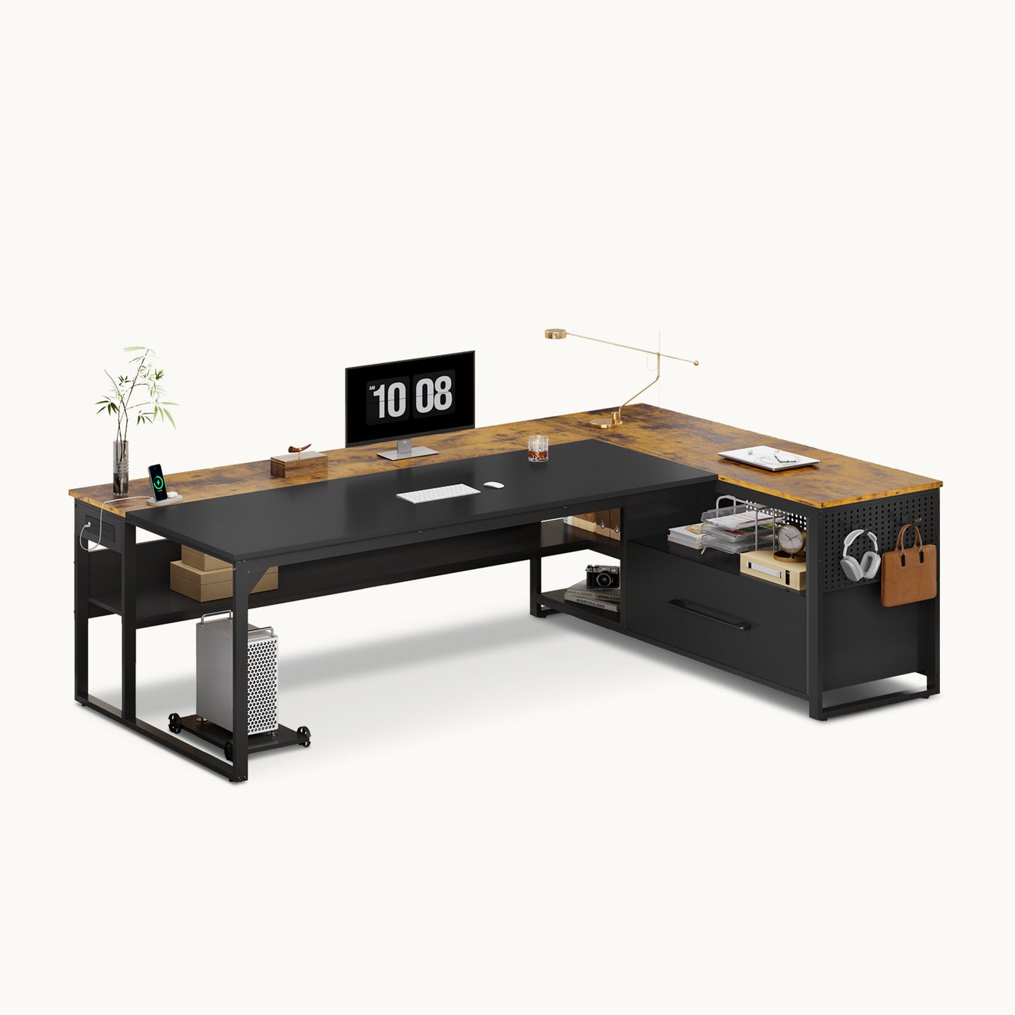 71" Reversible L-Shaped Executive Desk with Storage Shelves & Power Outlets Brown