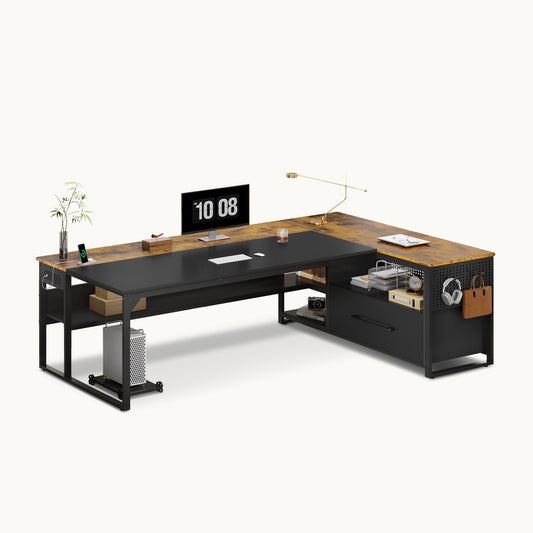 71" Reversible L-Shaped Executive Desk with Storage Shelves & Power Outlets Brown