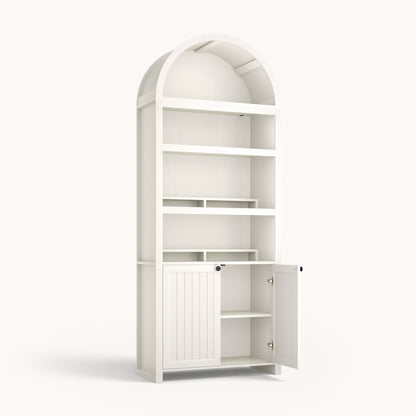 81" Arched Bookcase with Adjustable Shelves and Cabinet Antique White