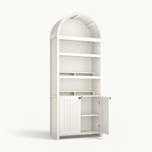 81" Arched Bookcase with Adjustable Shelves and Cabinet Antique White
