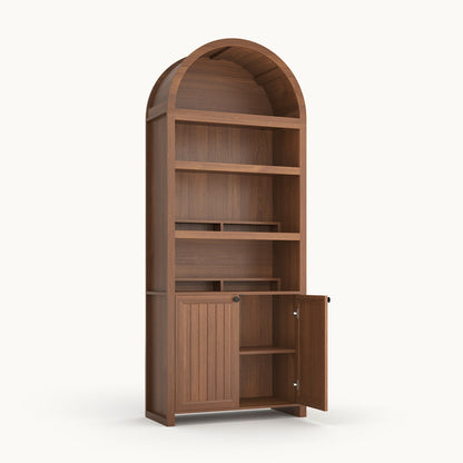 81" Arched Bookcase with Adjustable Shelves and Cabinet Brown