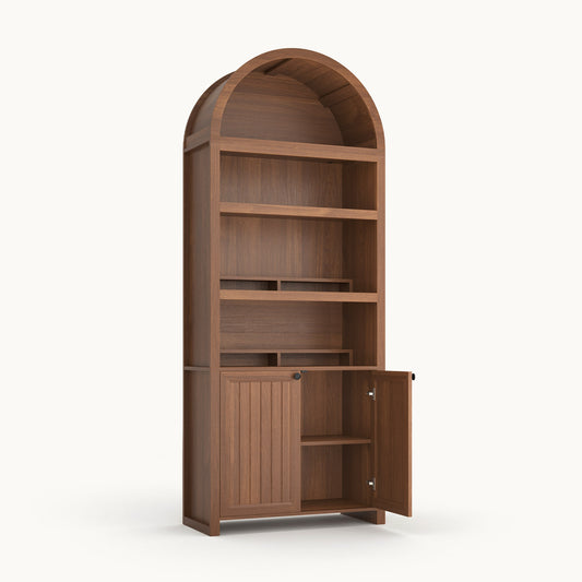 81" Arched Bookcase with Adjustable Shelves and Cabinet Brown