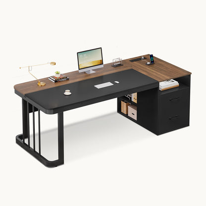 70.9" Power Outlet Desk with Adjustable Storage Shelves Walnut