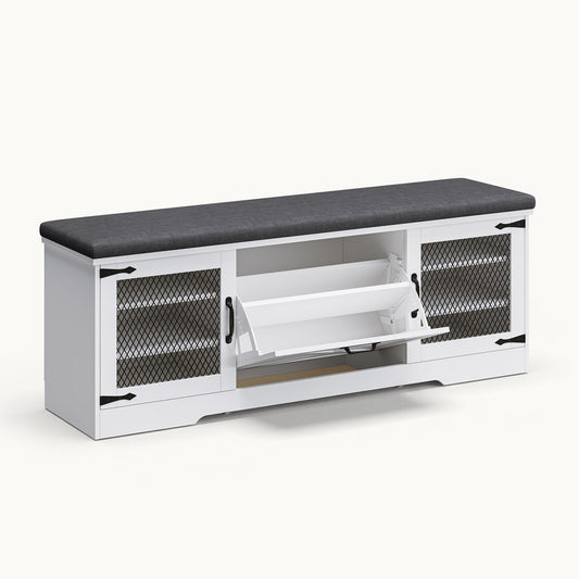 Farmhouse Shoe Storage Bench with Cushioned Seat White