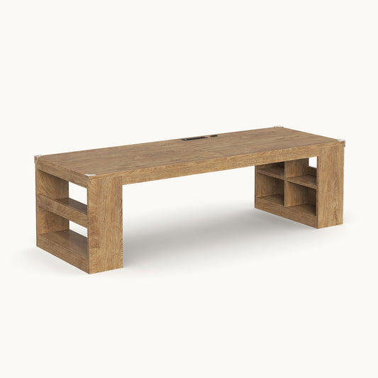 2 Person Desk with Power Outlet & Storage Shelves Oak