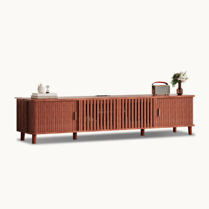 TV Stand with Fluted Sliding Doors & Station RGB LED Lights Media Console Cherry