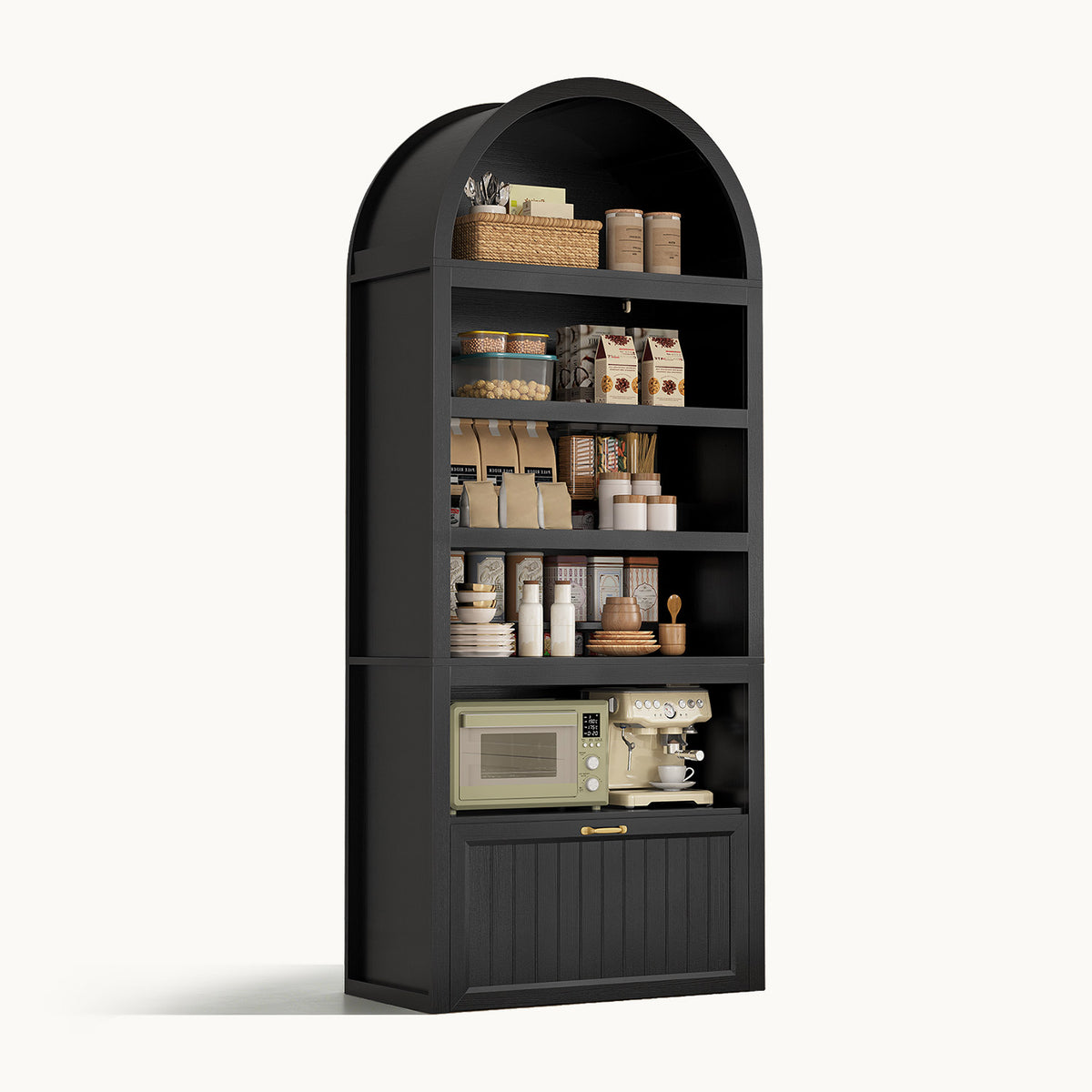 81" Arched Bookcase with 6-Tier Storage & Cabinet Black