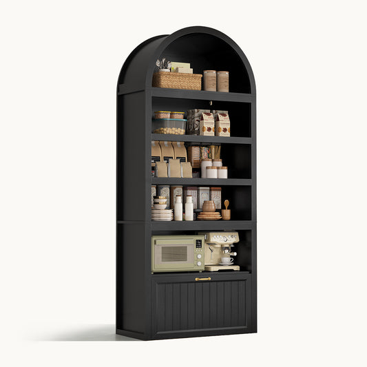 81" Arched Bookcase with 6-Tier Storage & Cabinet Black