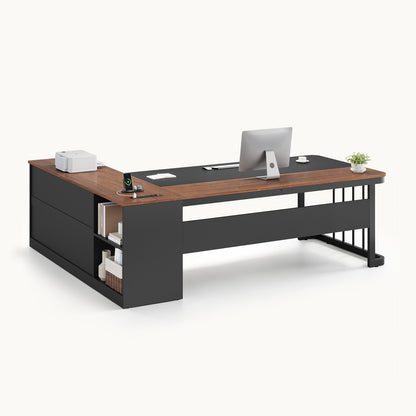 71" L Shaped Large Office Desk with Drawers & Storage Shelves Walnut