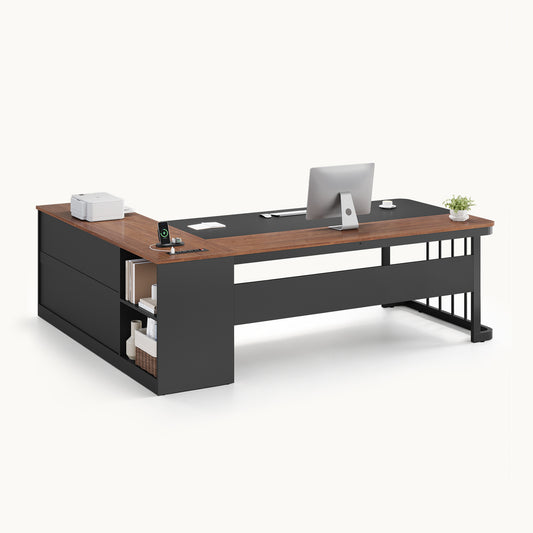 71" L Shaped Large Office Desk with Drawers & Storage Shelves Walnut