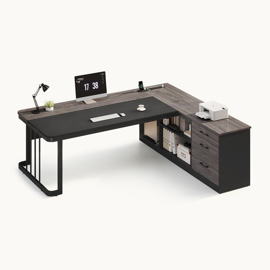 71" Modern L Shaped Executive Desk with Drawers & Storage Shelves Grey