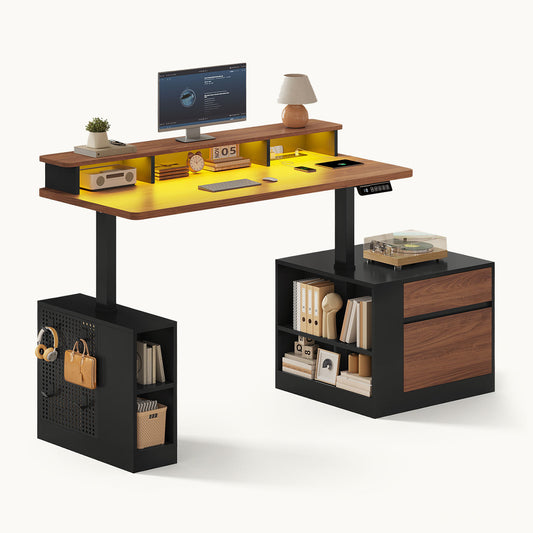 70" Electric Standing Desk with Storage LED Lights & Power Black&Walnut