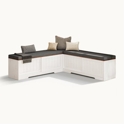 Farmhouse L Shaped Shoe Storage Bench with Hidden Storage White Brown