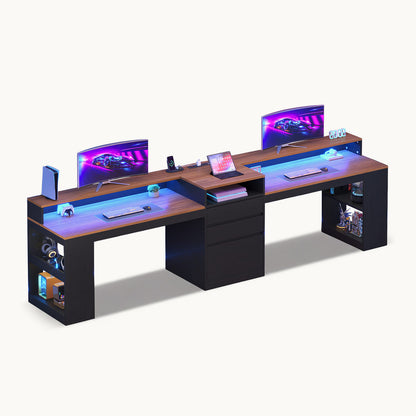 Two Person Computer Desk with LED Lights Power Outlet and Storage Black