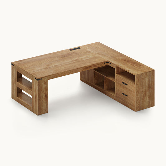 71" L Shaped Executive Desk with Drawers & Power Outlets Oak