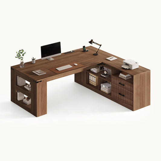 71" L Shaped Executive Desk with Storage and Power Walnut