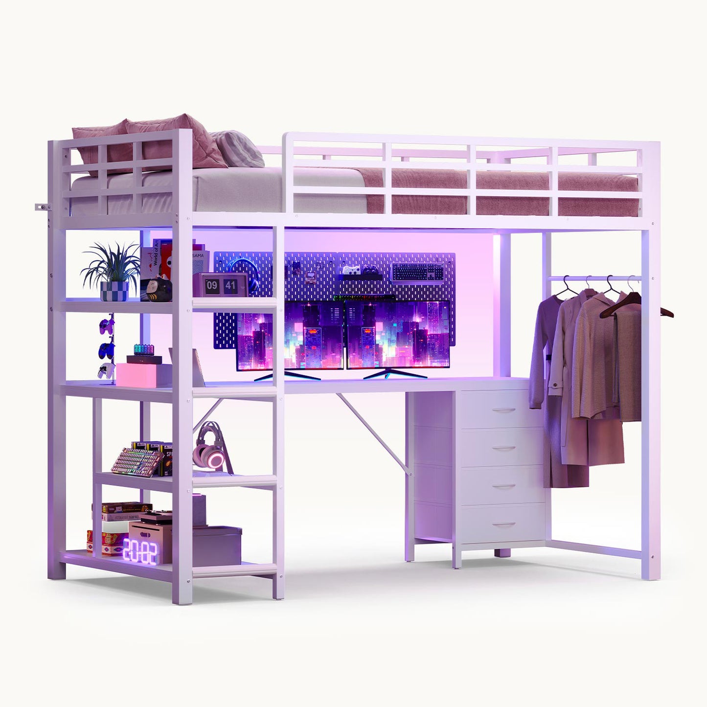Twin Loft Bed with L Shape Desk RGB LED Light White