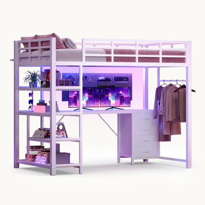 Twin Loft Bed with L Shape Desk RGB LED Light White