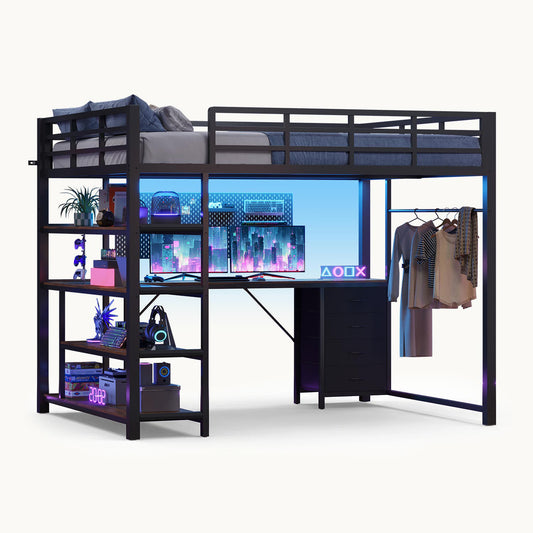 Full Size Loft Bed with L Shaped Desk LED Light and Storage Black