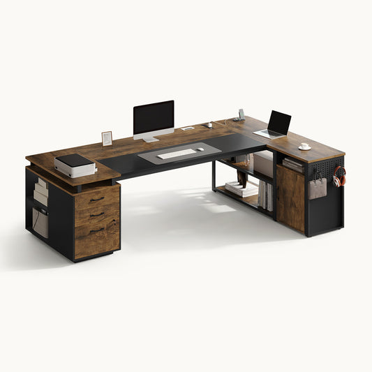 78 Inch L Shaped Executive Desk with Power Outlets Rustic Brown
