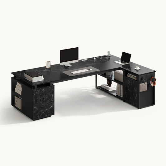 78 Inch L Shaped Executive Desk with Power Outlets Marble Grain