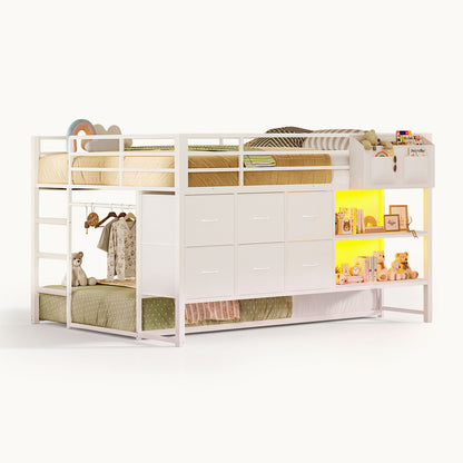 Full Over Twin Bunk Bed with LED Lights and 6 Drawers White