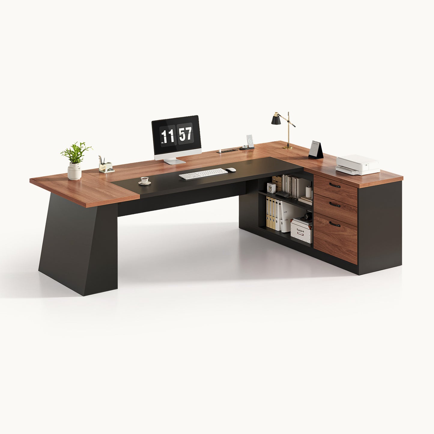 78.7 Inch L Shaped Executive Desk with Power Outlets and Storage Walnut