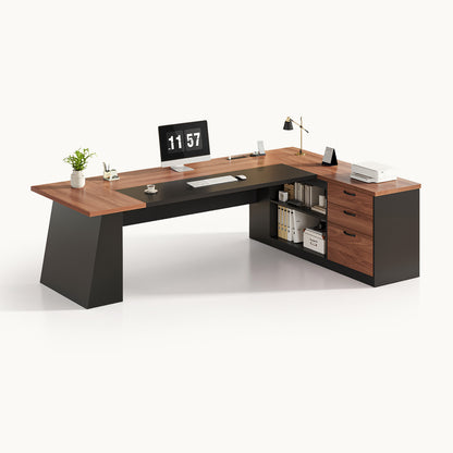 78.7 Inch L Shaped Executive Desk with Power Outlets and Storage Walnut