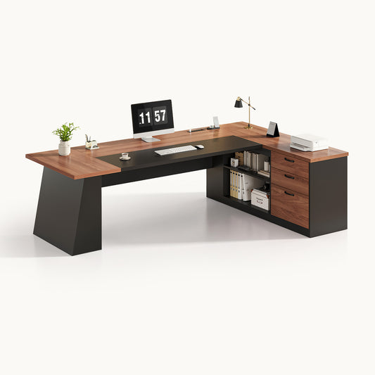 78.7 Inch L Shaped Executive Desk with Power Outlets and Storage Walnut