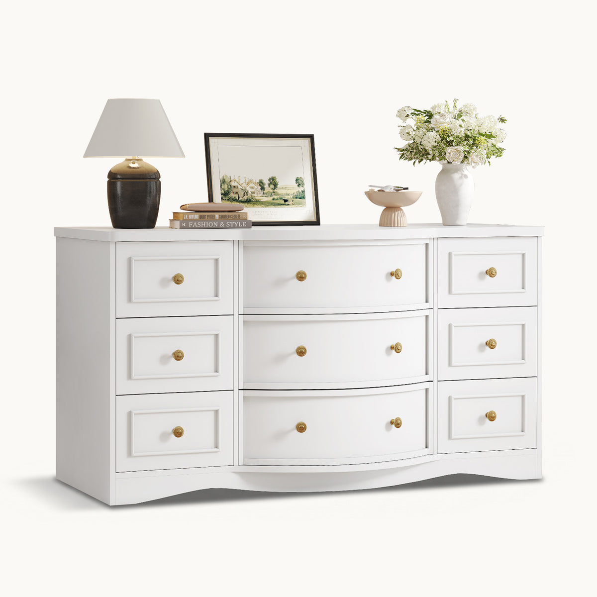 9 Drawer Dresser with Triple Arc Front White