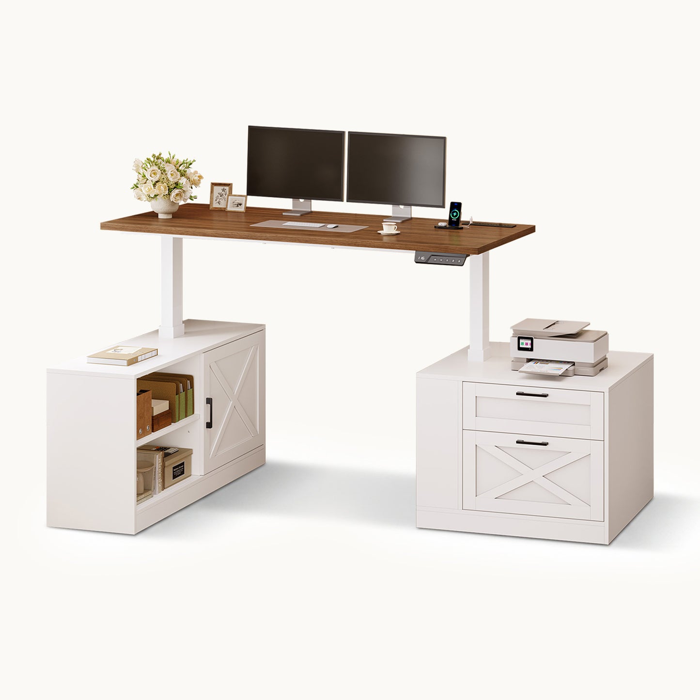 71" Farmhouse L Shaped Electric Standing Desk with Storage White