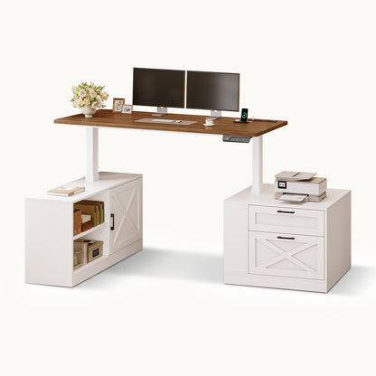 71" Farmhouse L Shaped Electric Standing Desk with Storage White