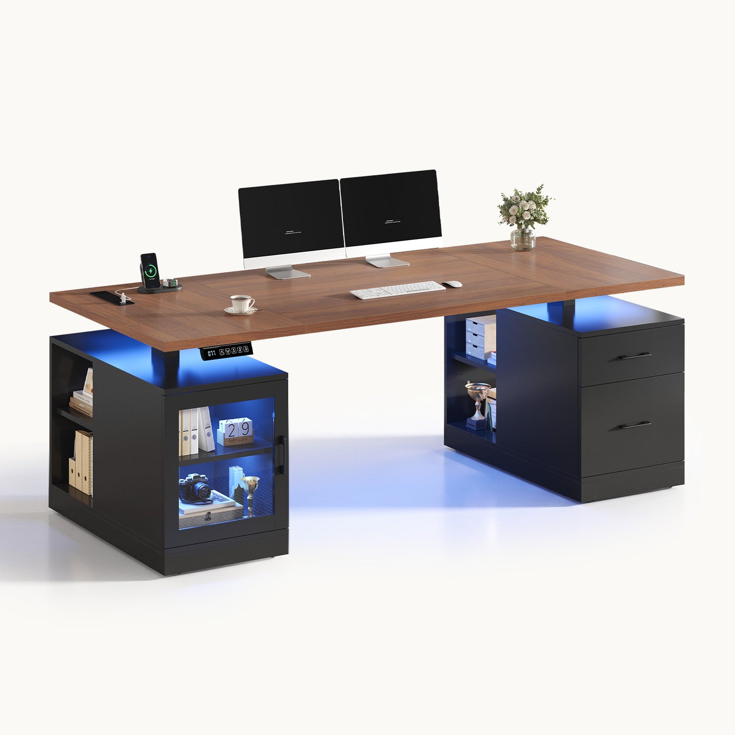71" Electric Standing Desk with Drawers Glass Cabinet LED Walnut