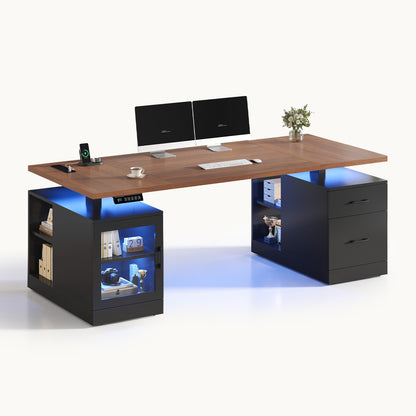 71" Electric Standing Desk with Drawers Glass Cabinet LED Walnut