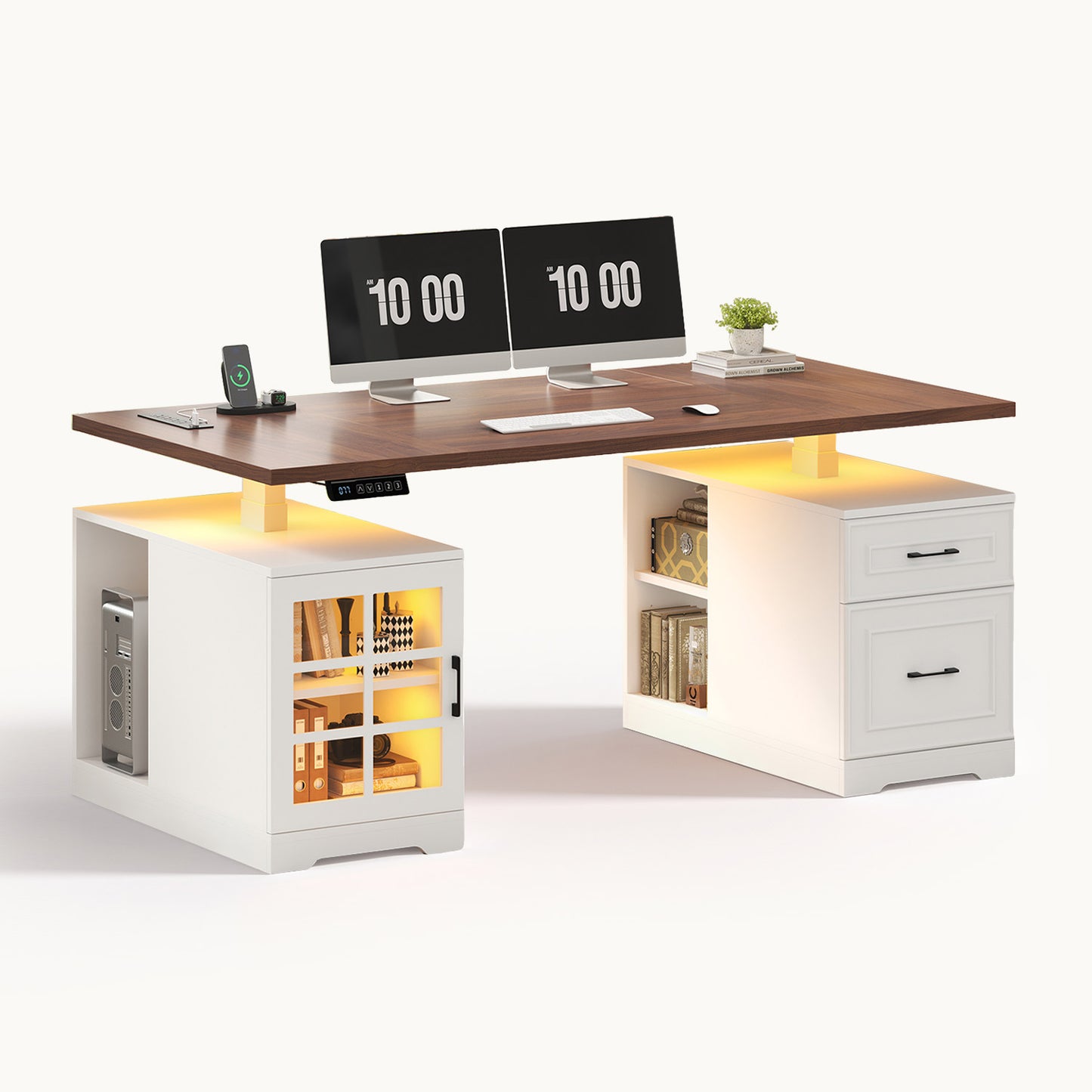 63" Farmhouse Electric Standing Desk with Glass Cabinet White