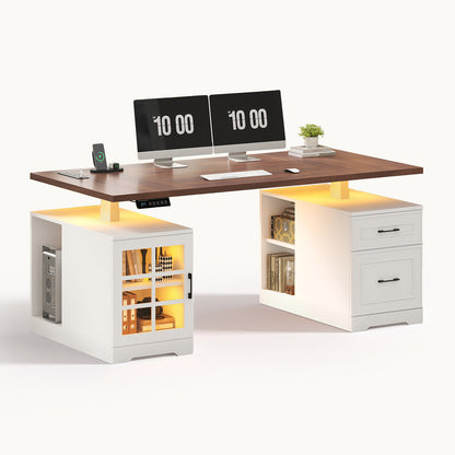 63" Farmhouse Electric Standing Desk with Glass Cabinet White
