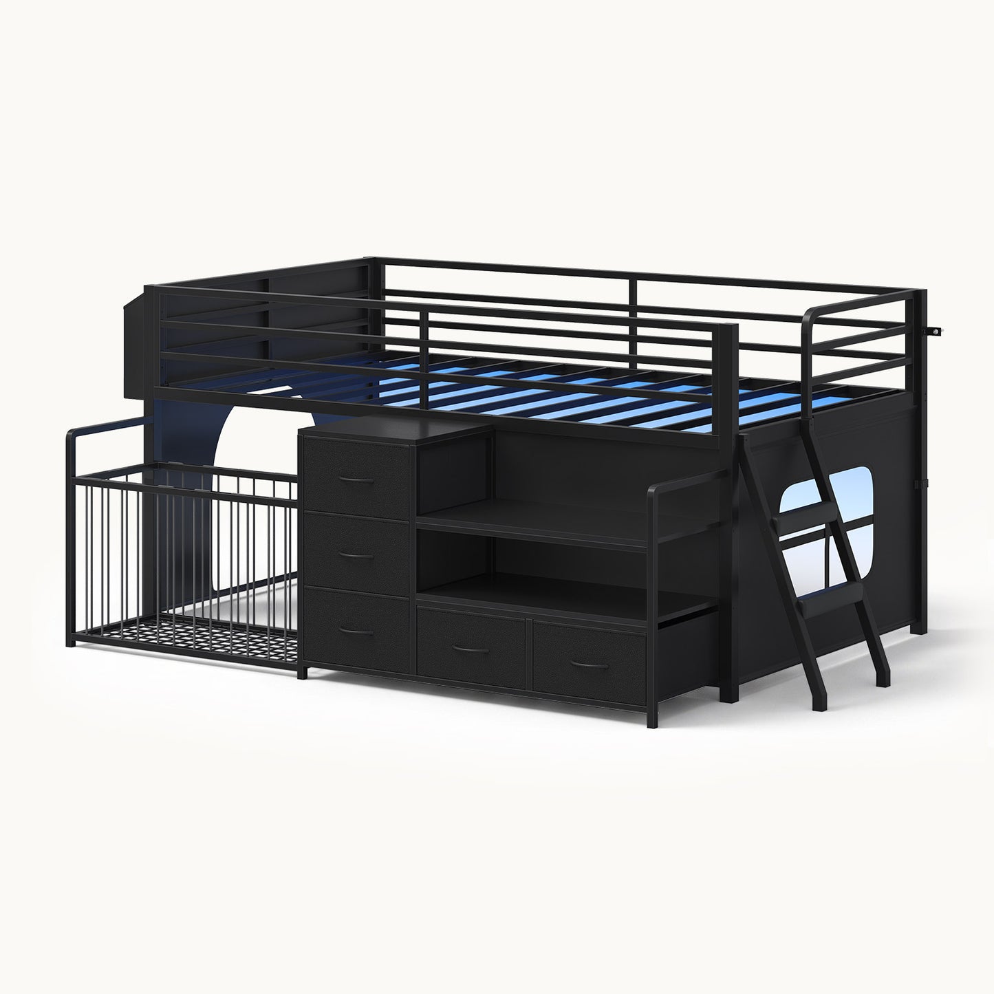 Twin Size Low Loft Bed with Storage Shelves Drawers and LED Lights Black