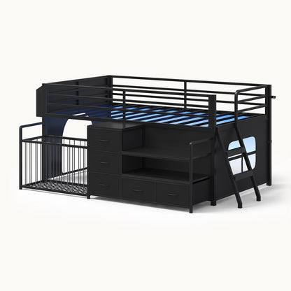 Twin Size Low Loft Bed with Storage Shelves Drawers and LED Lights Black